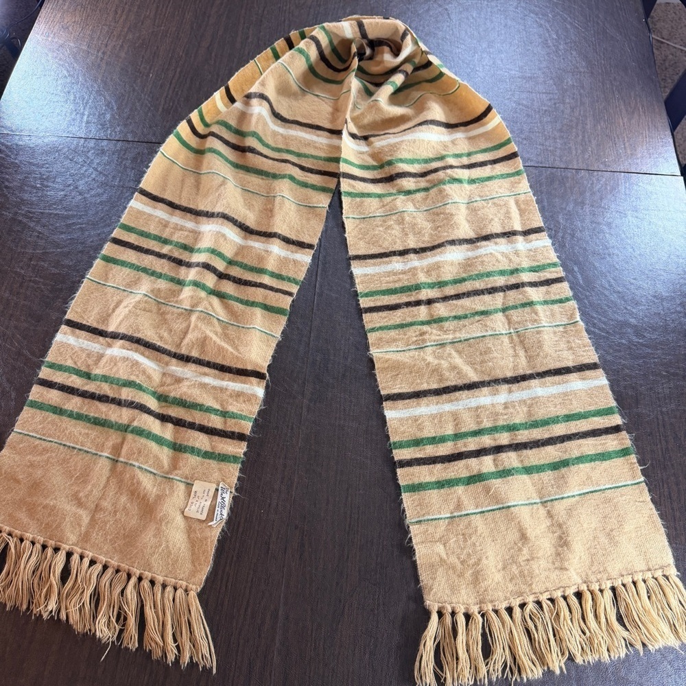 Vintage W H Block Striped Tan and Green Scarf with Fringe 79” x 11”